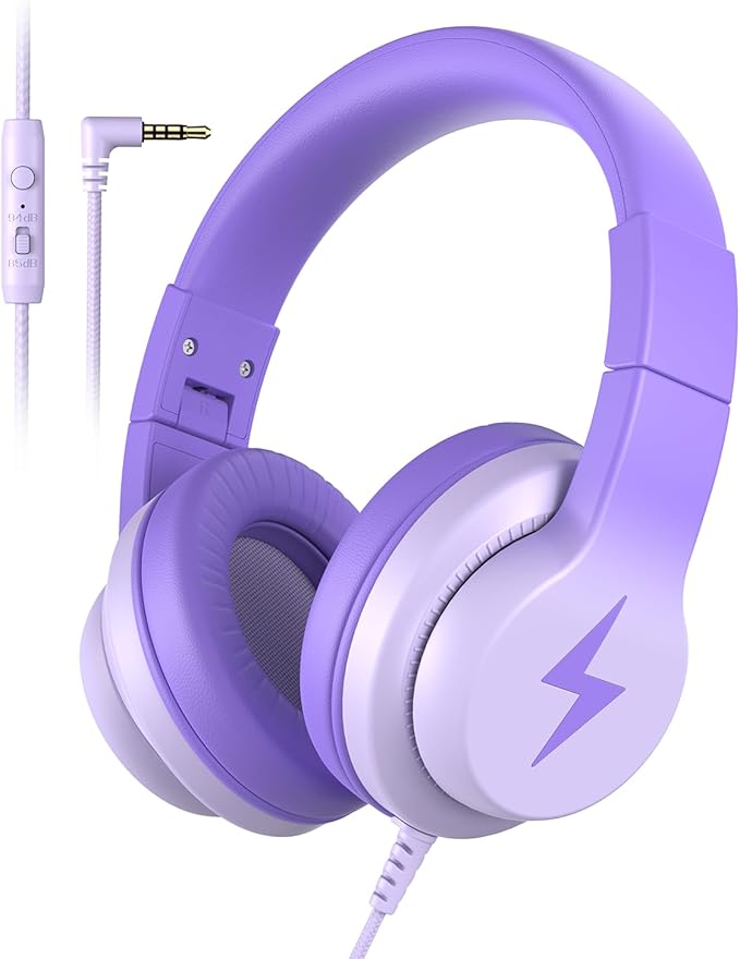 Candy Bila Kids Headphones, Wired Headphones for Kids Over Ear with Microphone, 85/94dB Volume Limiter Headphone for Girls Boys, Foldable Headphone for Learning & Entertainment, Gradient Deep Purple