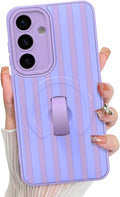 KANGHAR Compatible with Samsung Galaxy S25 Case, Support for MagSafe, Silicone Stripes Cute Pattern, Wristband Kickstand Camera Protection Soft Slim Cover for Girls Women -Purple
