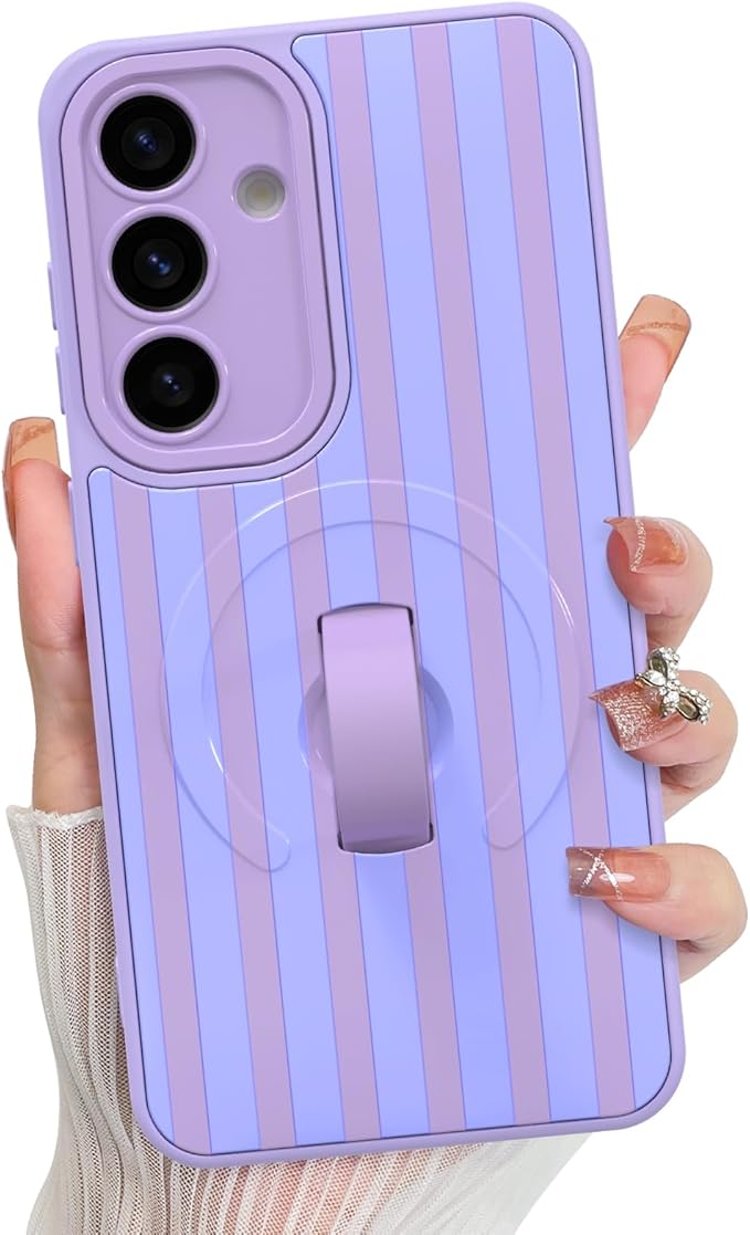 KANGHAR Compatible with Samsung Galaxy S25 Case, Support for MagSafe, Silicone Stripes Cute Pattern, Wristband Kickstand Camera Protection Soft Slim Cover for Girls Women -Purple