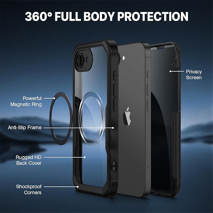 CENHUFO Magnetic Privacy Case for iPhone 16E / iPhone 17E [Compatible with Magsafe] Full Body Phone Case Built-in 9H Glass Privacy Screen Protector and Camera Protector, Shockproof Cover - Black
