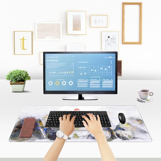 ToLuLu Extended Gaming Mouse Pad, Memory Foam Ergonomic Keyboard Mouse Wrist Rest Support Set, Large Desk Mat with Stitched Edges, Non-Slip Base Mousepad for Home Office Game Study, Ink Mountain