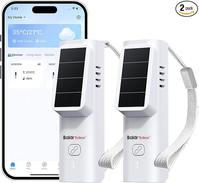 BaldrTherm Solar Bluetooth Temperature & Humidity Monitor, Wireless Thermometer with Date Storage, Real-Time Alerts, 262 Feet Connecting Range, Apply for Room Greenhouse, Pet Cages, 2pack