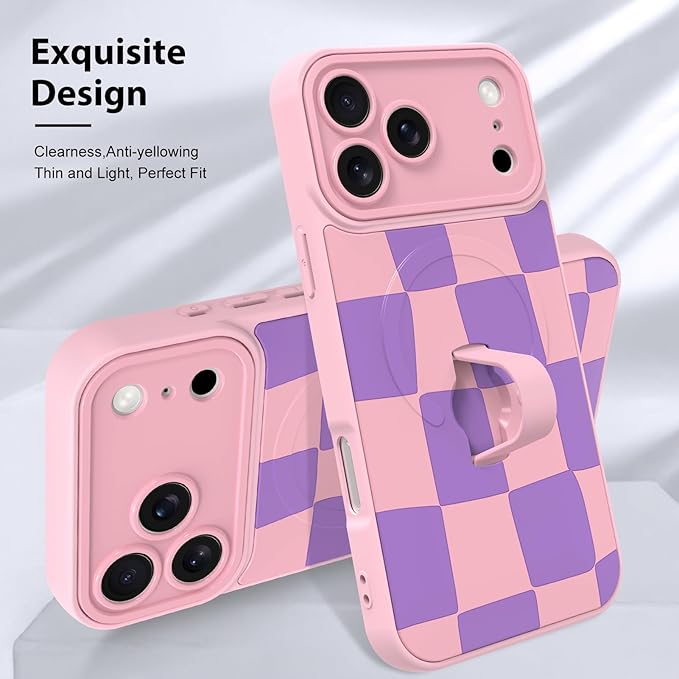 KANGHAR Compatible with iPhone 17 Pro Case, Support for MagSafe, Silicone Checkered Cute Pattern, Wristband Kickstand Camera Protection Soft Slim Cover for Girls Women -Pink