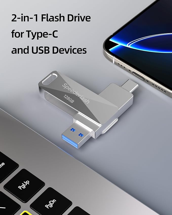 128GB USB 3.0 Flash Drive, Speederlash Dual USB A & Type-C Thumb Drive, 200MB/s Read Speed Jump Drive, Swivel Metal Housing 2-in-1 Memory Stick for Android Phones, Tablets, Laptops, and PCs