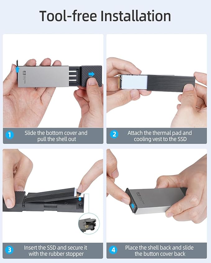 SAN ZANG MASTER M.2 NVMe SSD Enclosure With 10Gbps Transmission, USB 3.2 Adapter for 2230 2242 2260 2280 PCIe NVMe M-Key & M+B Key (Tool-Less, Type C to C)