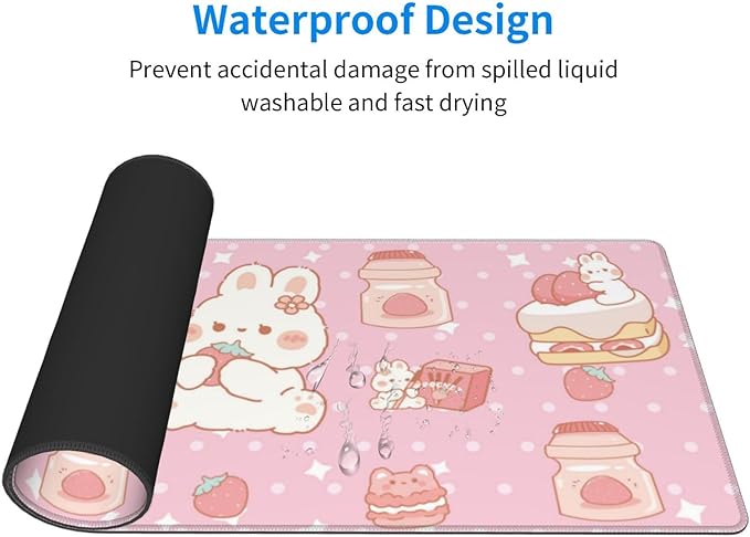 Kawaii Rabbit Strawberry Gaming Mouse Pad Extended Large Mouse Mat 31.5 X 11.8 Inch Nonslip Rubber Base Long Desk Pad Stitched Edges Mousepad Mice Pad for Office Home Game