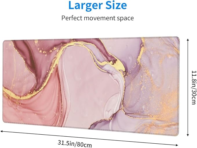 Rose Gold Marble Mouse Pad Abstract Pink Desk Mat 31.5x11.8 Inch Marbled Texture Non-Slip Rubber Base Large Rose Gold Mousepad Stitched Edges Keyboard Mouse Mat Desk Pad for Office Home Game