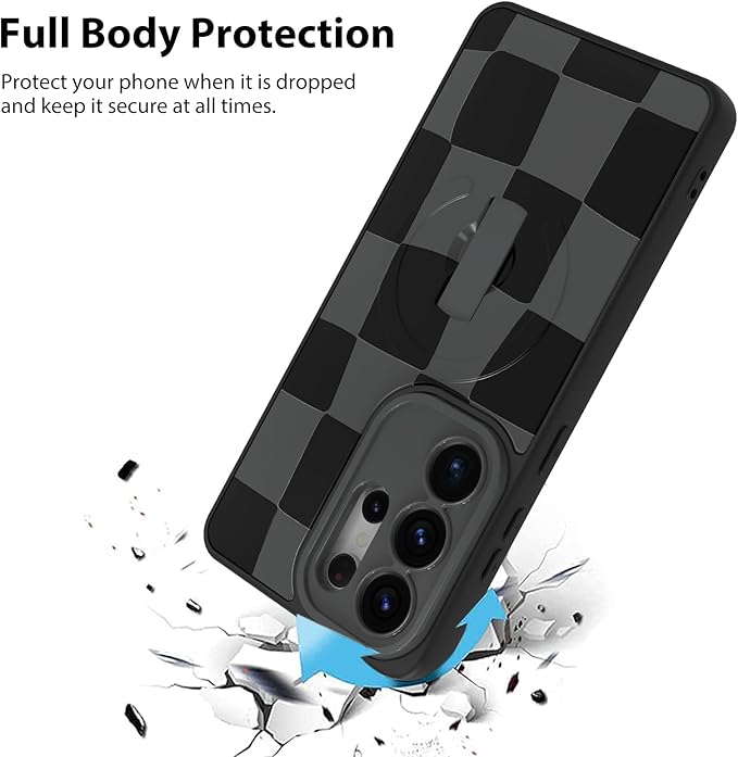 KANGHAR Compatible with Samsung Galaxy S26 Ultra Case, Support for MagSafe, Silicone Checkered Cute Pattern, Wristband Kickstand Camera Protection Soft Slim Cover for Girls Women -Black