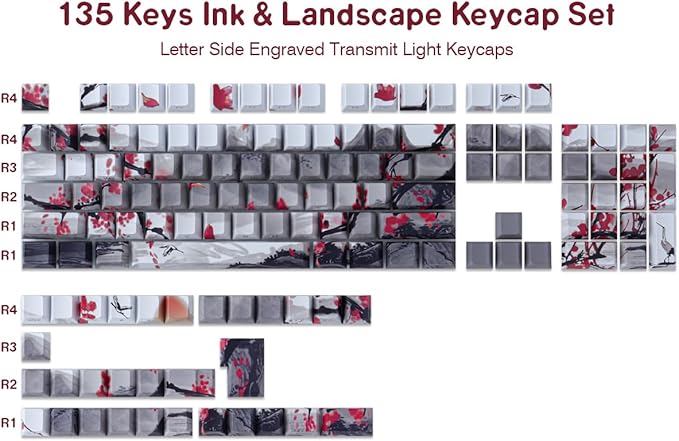 Tsungup PBT Keycaps - Side Print Keycap Set,135 Keys Double Shot Shine Through Landscape Painting Custom Keycaps,Cherry Profile Keyboard Key caps for Cherry MX Switches Mechanical Keyboards