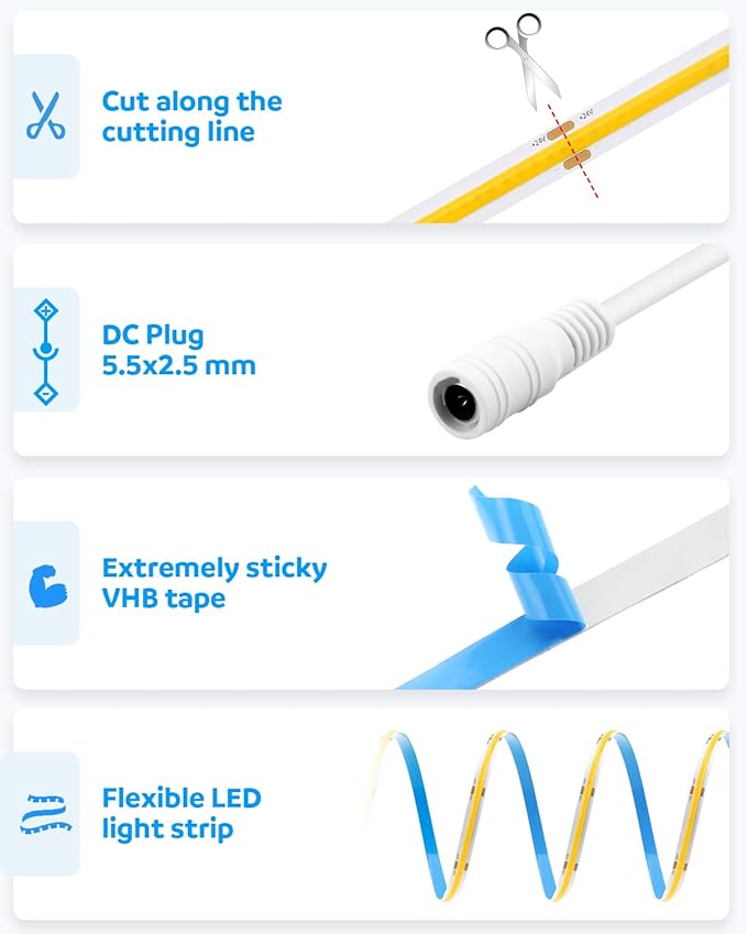 Aclorol COB Led Strip Lights 24V 32.8ft Led Strips Lights 3000K Warm White 320Leds/m CRI85+ Flexible LED Tape Lighting for Bedroom TV Party Home Indoor Decor 10M(Power Supply&LED Dimmer Not Included)