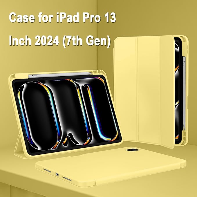 ZryXal New iPad Pro 13 Inch Case (M5) 2025 / (M4) 2024 with Pencil Holder, Smart iPad Case [Support Pencil Pro and Pencil (USB-C)], Support Touch ID and Auto Wake/Sleep (New Yellow)