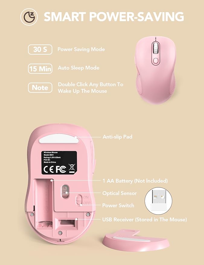 Trueque Wireless Mouse for Laptop, 2.4GHz Ergonomic Computer Mouse with Back & Forward Buttons, 3 Adjustable DPI Levels, 6 Buttons, Optical USB Cordless Mice for Windows MacBook PC, M01 (Baby Pink)