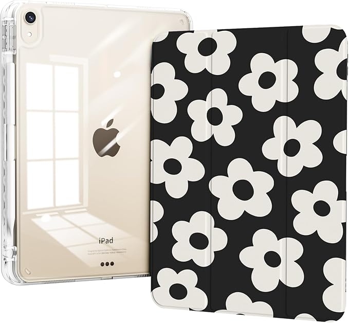 Case for iPad mini 7 2024 (A17 Pro)/ iPad mini 6 (2021), iPad 8.3-inch 7th/6th Generation Case, Trifold Stand Protective Slim Clear Back Cover with Pencil Holder, Black Daisy