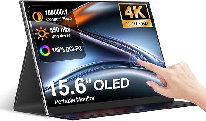 Portable Monitor Touchscreen 15.6" 4K UHD 3840X2160 100000:1 OLED 10-Point Touch Screen Laptop Monitor, with Protective Case, HDMI USB C Travel Monitor for Phones, PS5/4, Xbox, Switch