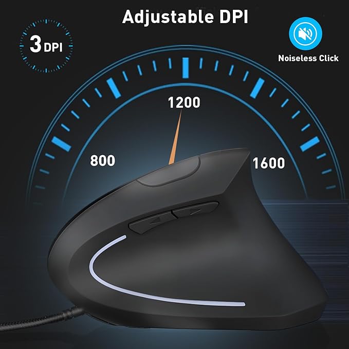Wired Ergonomic Mouse, USB Wired Vertical Mouse with 800/1200/1600 Adjustable DPI, 6 Buttons Ergonomic Mouse for Laptop/PC/Desktop-Black
