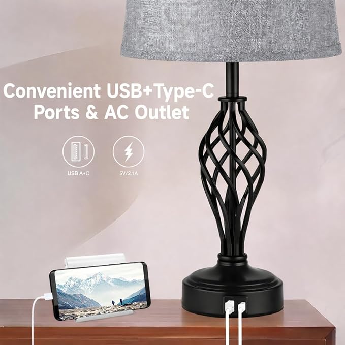 Ruiever Touch Table Lamps Set of 2, nightstand lamp with USB Ports Bedside 3 Way Touch dimmer Desk lamp for Living Room Bedroom,Black Painted Spiral cage Base Design Warm White dimmer Bulbs Included.