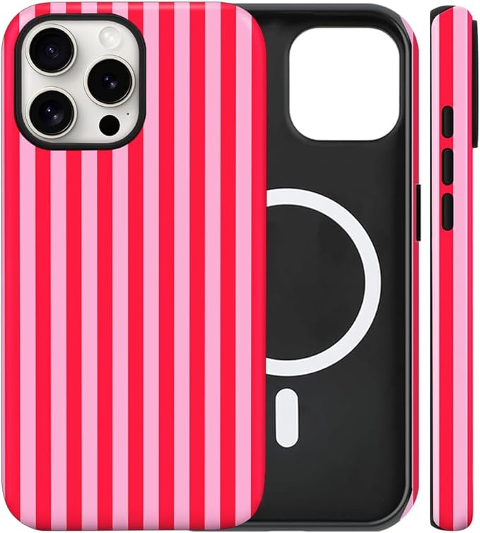 Magnetic for iPhone 15 Pro Case Cute Stripes Phone Case, Shockproof Slim TPU and Hard PC Protective Phone Cover Compatible with MagSafe Designed for Women Girls, Red and Pink