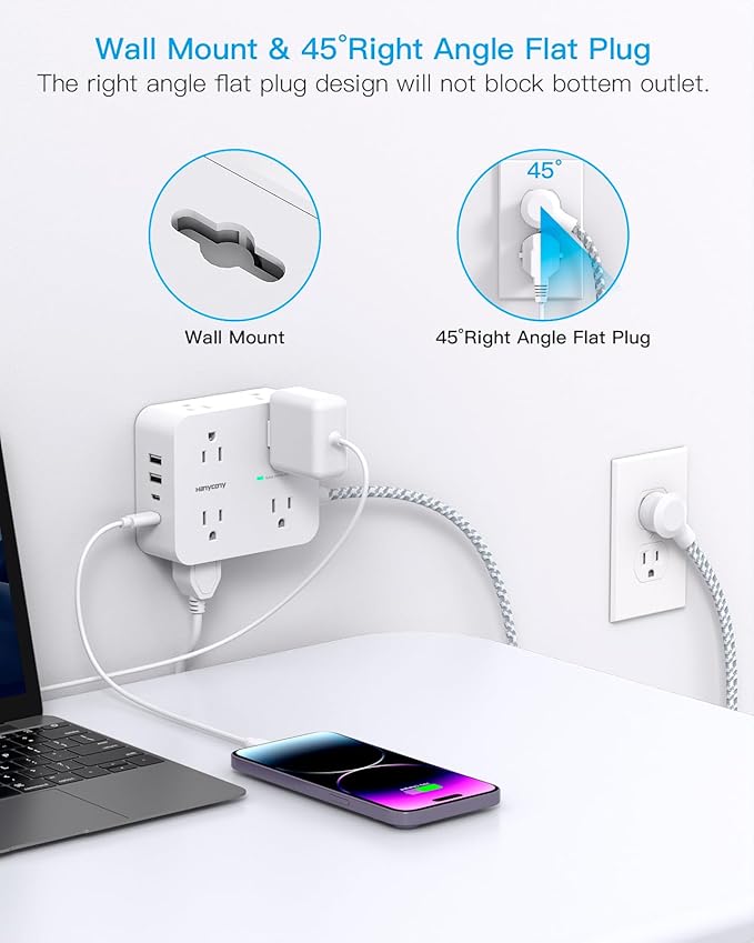 Surge Protector Power Strip 15 Ft Long Cord, HANYCONY Extension Cord 15 Feet with 8 Outlets 4 USB Ports(2 USB C), Flat Plug, Desk Charging Station for Home Office College Dorm Room Essentials