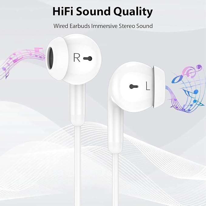 USB C Earbuds Wired USB Type-C Headphones for Apple iPhone 17 16 15 Pro/iPad 10th Generation for Galaxy S26 Pixel 10 Earphones with Microphone Volume Control Noise Isolating HiFi Stereo Headset White