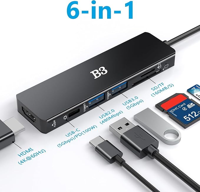 USB C Hub 6-in-1 Multi-Port Adapter with 4K@60Hz HDMI, 100W PD, 2 USB A Data Ports, and SD/TF Card Reader – Aluminum Type-C Hub for MacBook Air/Pro M1/M2, iPhone, Surface Go, XPS, iPad, Black