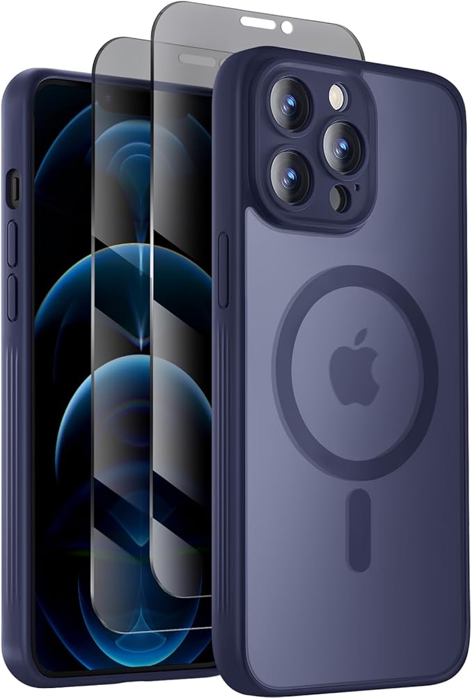 Symcele Designed for iPhone 12 Pro Max Case, Compatible with MagSafe, with Privacy Screen Protectors X2, [Camera Protection] [15FT Military Drop Protection] Shockproof Phone Case, 6.7", Deep Blue