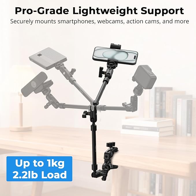 SmallRig 26" Magic Arm with Super Clamp, Overhead Phone Mount, Flexible Desk Camera Mount with 1/4" Screw and Cable Clip, Max Load 2.2lb, for iPhone, Action Camera, Video Light, Webcam, Mic - 5625