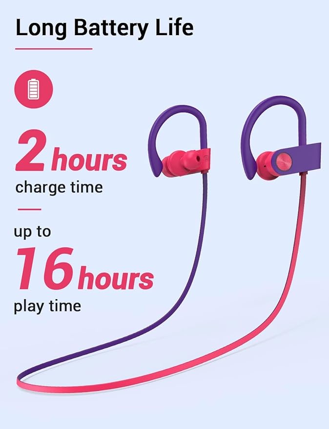 Bluetooth Headphones, Bluetooth 5.3 IPX7 Waterproof Wireless Sports Earbuds for Workout Gym, 16 Hrs Playtime Running Headphones with Noise Cancelling Mic, HiFi Bass Stereo in-Ear Earphones