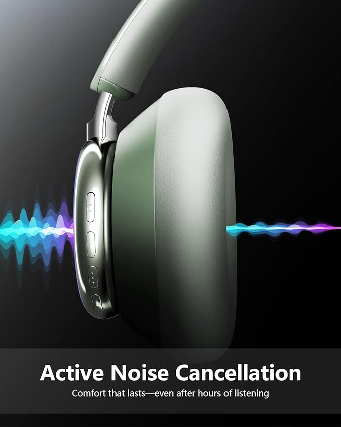 Wentronic Y03 Bluetooth Headphones Wireless Active Noise Cancelling Over Ear Headphones 48 Hours Playtime High Sound Quality 6 EQ Music Mode Headphones with Soft Ear Cushion - Green