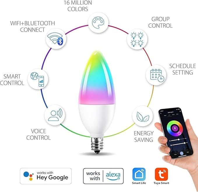 Candelabra Smart Light Bulbs 60W Equivalent, 450LM 5W LED Bulb Compatible with Alexa/Google Home, RGBCW 16 Million Color Changing Light Candle Bulb, No Hub Required, 2.4G (E12) (4)