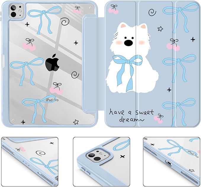 May Chen for iPad Pro 13 Inch Case M5 2025 / M4 2024, Built Pencil Holder & Clear Transparent Print Back Shell Slim Stand Shockproof Tablet Cover, Auto Wake/Sleep, Blue Bows Dog