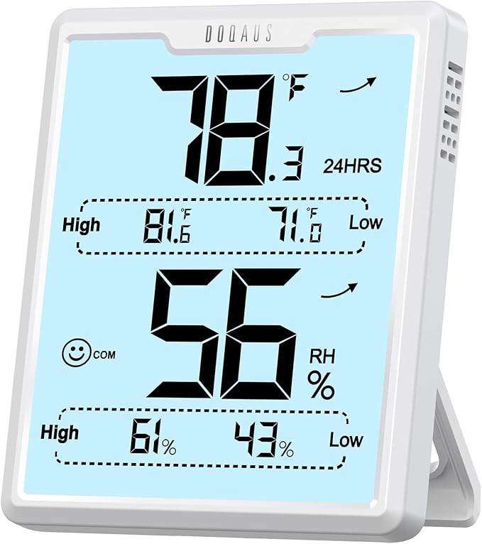 DOQAUS Digital Hygrometer Room Thermometer Indoor, Humidity Meter with Large LCD Display, Backlight Temperature Humidity Monitor with Max Min Records, White