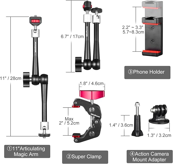 11'' Articulating Friction Magic Arm Super Camera Clamp Mount Cell Phone Holder Action Camera Adapter Kit for DSLR Camera LCD Monitor Vlog Rig Video LED Light Microphone Cage Camcorder Projector