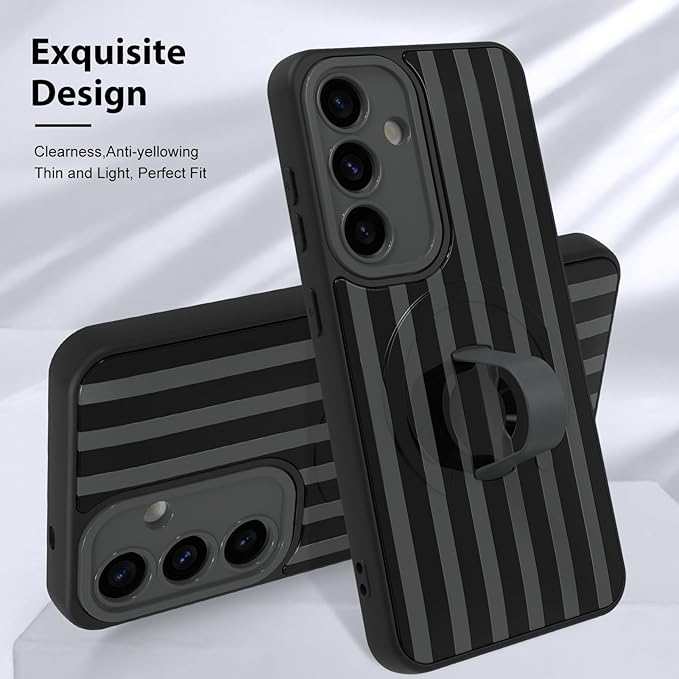 KANGHAR Compatible with Samsung Galaxy S25 Case, Support for MagSafe, Silicone Stripes Cute Pattern, Wristband Kickstand Camera Protection Soft Slim Cover for Girls Women -Black