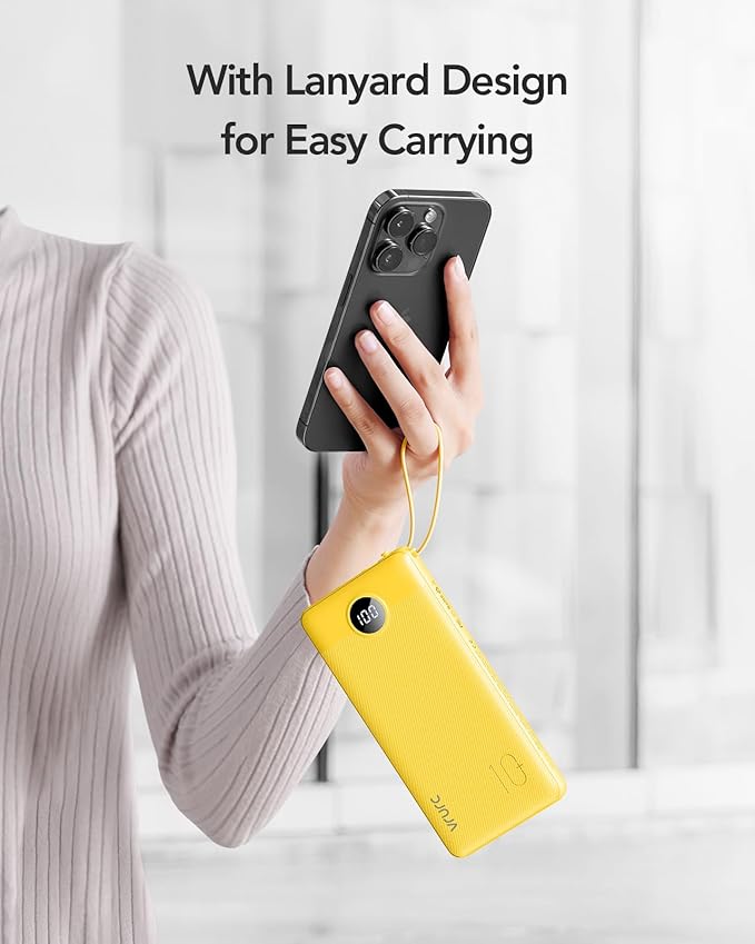 VRURC Portable Charger with Built-in Cables, USB C Portable Phone Charger 10000mAh, Lightweight Power Bank with 5 Output 2 Input Compatible with iPhone 17 16 15 13,Samsung,Android etc-Yellow(1 Pack)