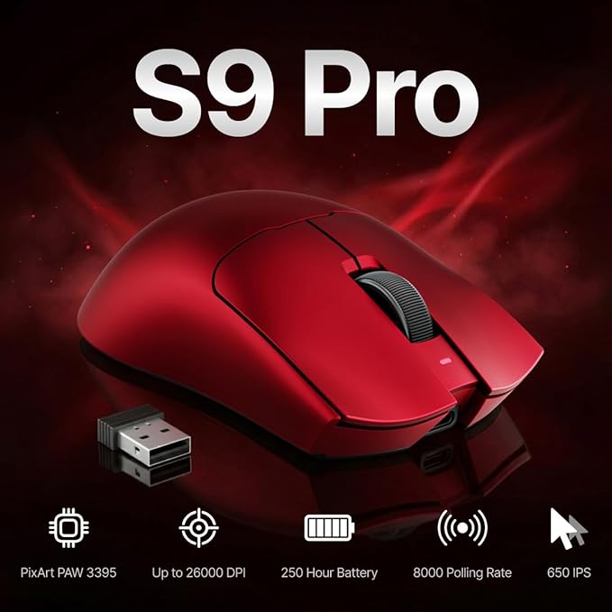EWEADN S9 Pro Wireless Gaming Mouse, 59g Ergonomic Computer Mouse, 2.4Ghz/Bluetooth/USB-C, 8K Polling Rate, 26000 DPI, PAW3395 Optical Sensor, 250Hrs Battery Life, Programmable for PC/Win/Mac