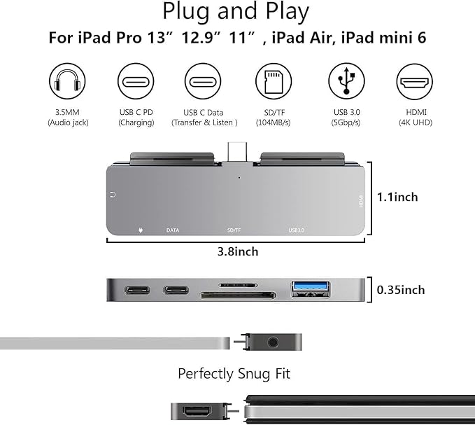 iPad Pro USB C Hub, 7-in-1 Adapter for iPad Pro M4 M2 M1 13 12.9 11 inch iPad Air 5 4 Docking Station with 4K HDMI, USB-C PD, SD/TF Card Reader, USB 3.0, 3.5mm Headphone Jack, iPad mini 6 Accessories