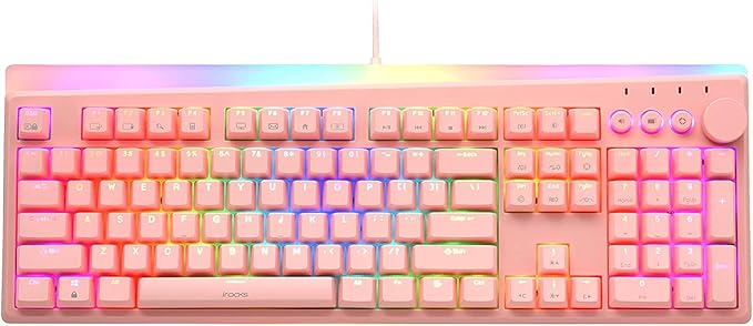 i-rocks K71M RGB Mechanical Gaming Keyboard with Media Control Knob, Switches (Red), 107 Keys w/Full NKRO, PBT Keycaps, Multimedia Hotkeys, Detachable USB-C Cable and Onboard Storage, Pink