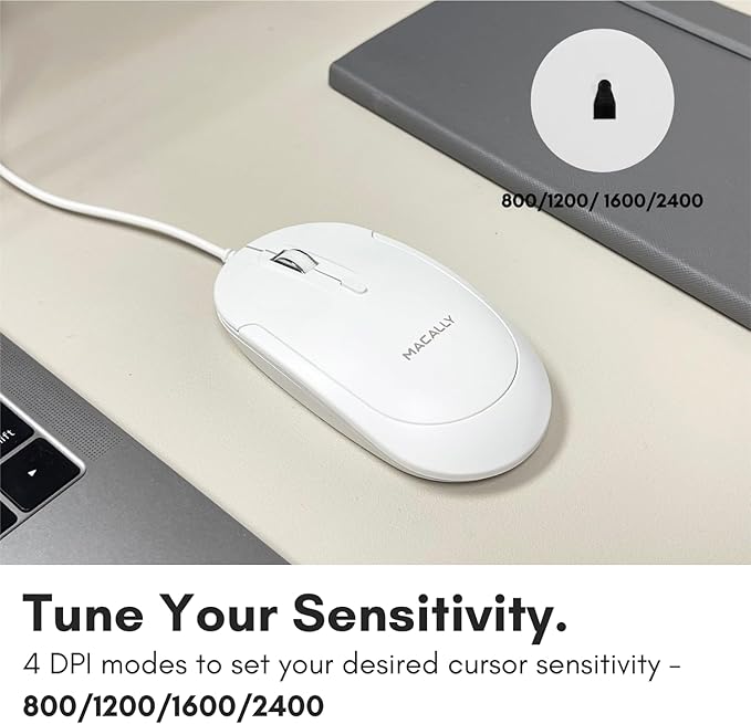 Macally Wired USB C Mouse for Mac and PC - Slim, Quiet, and Reliable - Type C Mouse for MacBook Pro/Air, iMac, Apple iPad, Laptop, Computer Desktop with 3 Button, Scroll Wheel, USBC, and 4 DPI Mode