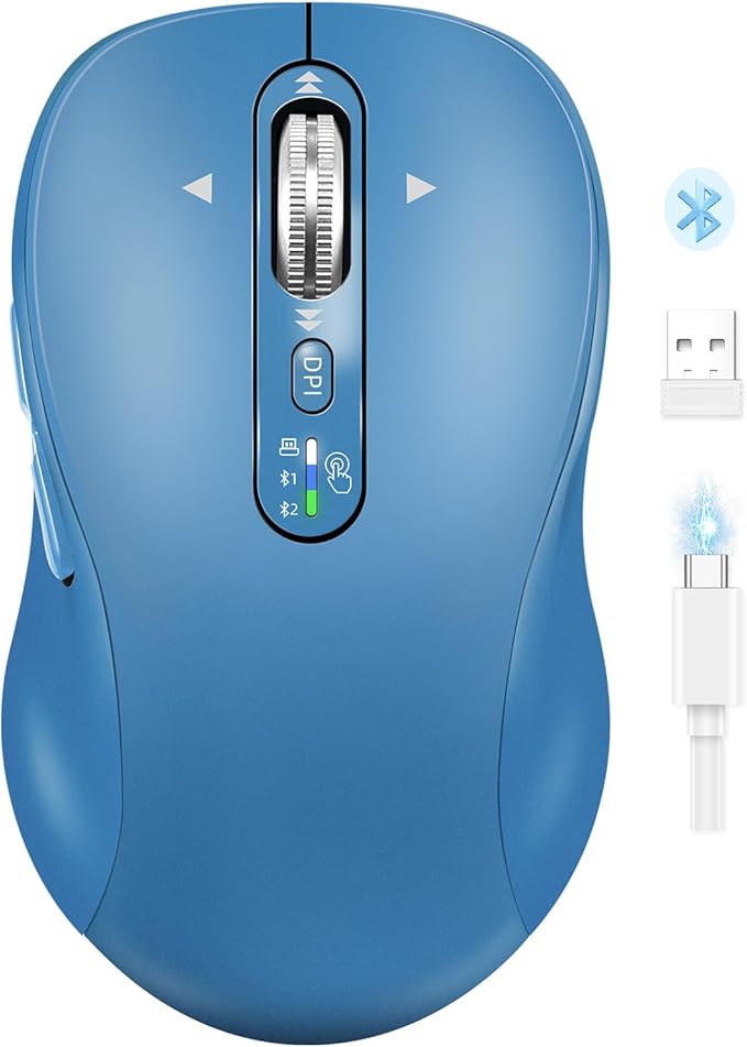 Wireless Bluetooth Mouse Rechargeable,USB+BT×2,Multi Device Quiet Ergo Computer Mouses,Metal 4-Way Super Scrolling,± 3200 DPI,10 Button,Plug&Play,Cordless Mice for Laptop,Tablet,Mac,iPad,PC,Phone-Blue