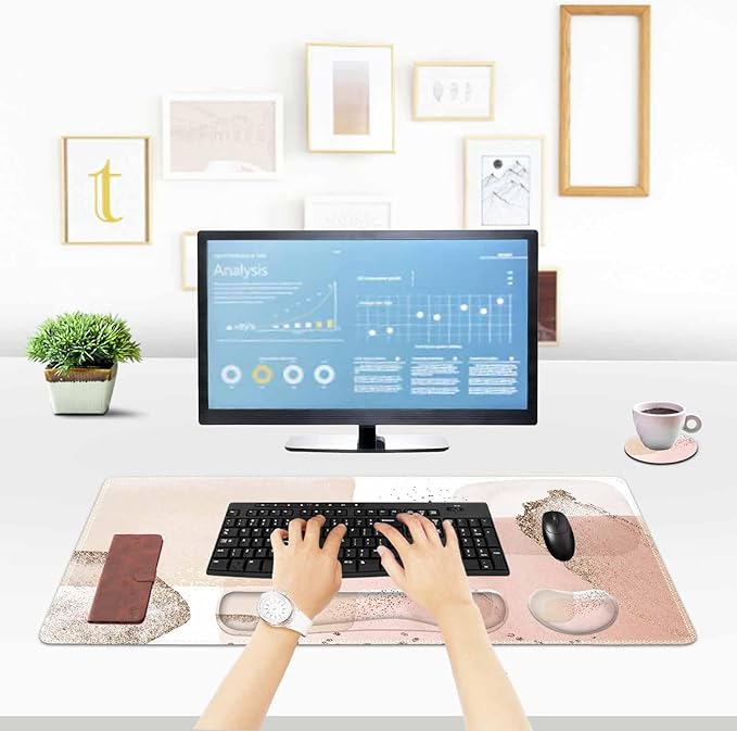 ToLuLu Extended Gaming Mouse Pad, Memory Foam Ergonomic Keyboard Mouse Wrist Rest Support Set, Large Desk Mat with Stitched Edges, Non-Slip Base Mousepad for Home Office Game Study, Pink Gold