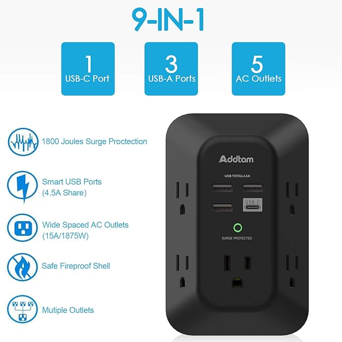 USB Wall Charger Surge Protector - Addtam 5 Outlet Extender with 4 USB Charging Ports (1 USB C), 3-Sided 1800J Power Strip Multi Plug Outlets Adapter Widely Spaced,Black