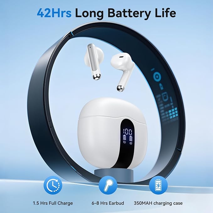 Wireless Earbuds, Bluetooth 5.4 Headphones HiFi Stereo with 4 HD Mic, 50H Playtime Bluetooth Earbuds with LED Display, IPX7 Waterproof Wireless Earphones, Touch Control Ear Buds,USB-C White