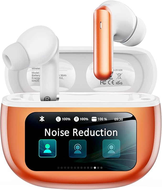 Wireless Earbuds, Ear Buds Active Noise Cancelling with Charging Case, 6.0 Bluetooth Earbuds with AI Clear Calls, 40H Playtime for Sports & Working, Stereo Sound Headphones for iPhone/Android-Orange