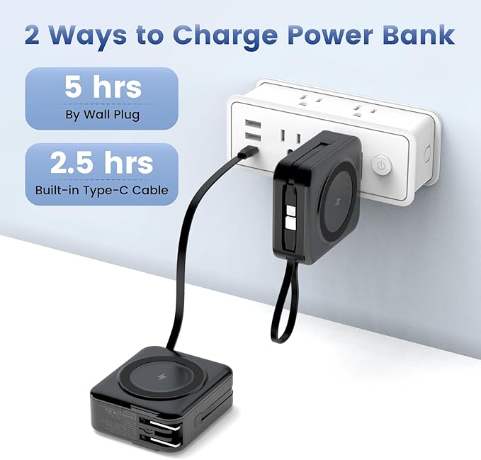 for Magsafe Portable Charger with AC Wall Plug, 6-in-1 Magnetic Wireless Power Bank 10000mAh Built-in Cables, 22.5W Type-C in&Out Fast Charging Battery Pack for iPhone17/16/15/14/13/12 Series, Black