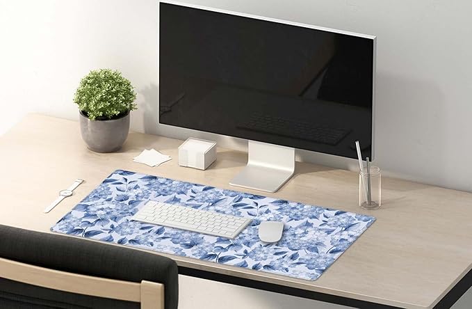 SSOIU Blue Hydrangea Flowers Desk Mat, Floral Large Aesthetic Mouse Pad 35.5" X 15.7", Waterproof Desk Mat Stitched Edges, Non-Slip Laptop Computer Keyboard Mousepad for Office and Home