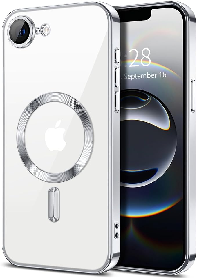 Hython Magnetic Clear for iPhone 16e Case with Camera Lens Protector [Compatible with MagSafe] Luxury Plating Edge Slim Soft TPU Cover Protective Phone Case for iPhone 16e 6.1", Silver