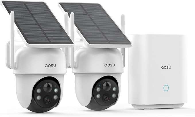 aosu Security Cameras Outdoor Wireless, 2 Cam-Kit, No Subscription Required, Solar-Powered, Home Security Cameras System with 360° Pan & Tilt, Auto Tracking, 2K Color Night Vision, Easy Setup