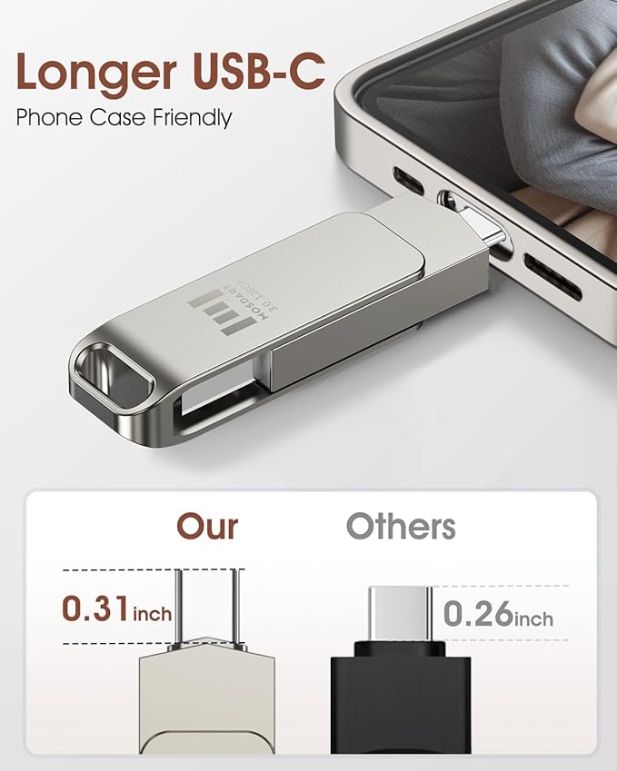 MOSDART 128GB USB C 3.2 Fast Speed C and A Dual Flash Drive, exFAT Memory Stick with Keychain Loop, for iPhone 15,16,17, Android Phone, iPad, MacBook, Silver