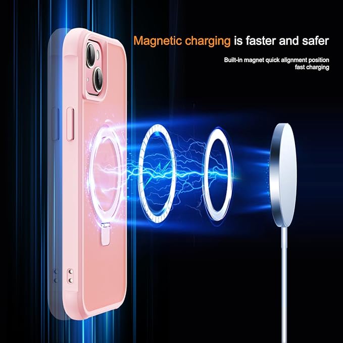 SKYLMW Compatible with iPhone 14 Plus Case with Invisible Magnetic O-Ring Stand Military-Grade Translucent Case for iPhone 14 Plus 6.7" [Compatible with Mag-Safe][Great Grip Feeling], Pink