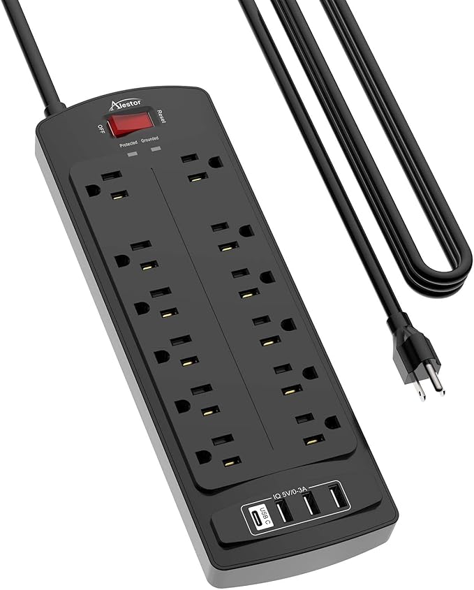 Power Strip, ALESTOR Surge Protector with 12 Outlets and 4 USB Ports(1 USB C Port), 15 Feet Extension Cord (1875W/15A), 2700 Joules, ETL Listed, Black